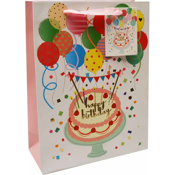 Darilna vrečka Happy Birthday baloni zlatotisk, 18x24x8cm