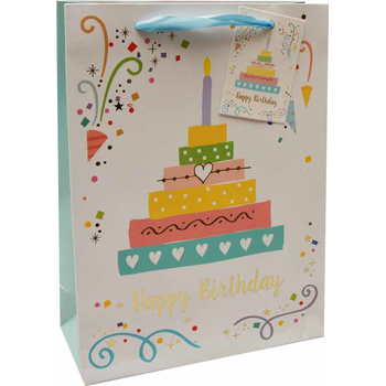 Darilna vrečka Happy Birthday torta zlatotisk, 18x24x8cm