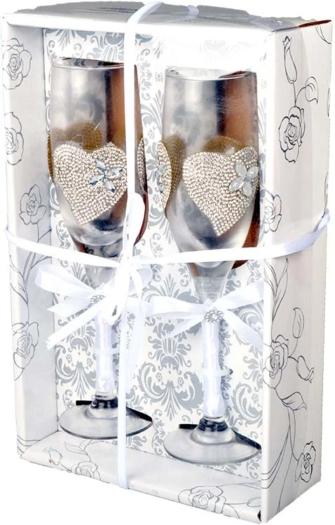 Kozarca za šampanjec poročna, s srčki in perlicami, v darilni škatli, 2/1, 5x22.5cm