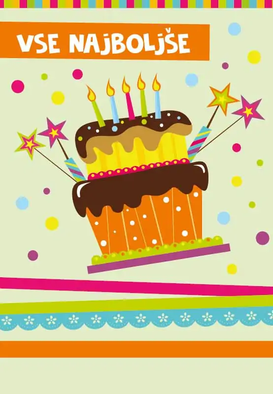 Voščilnica, rojstni dan, svetlo zelena, " Vse najboljše", torta s svečkami, bleščice
