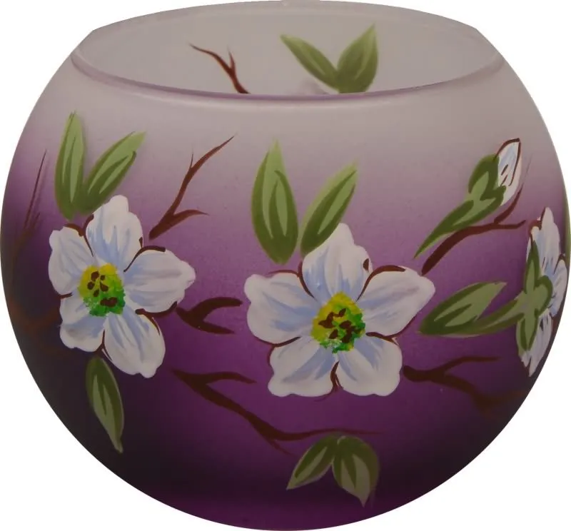 Svečnik steklen, okrogel, veja jablane, lila bel, 8 cm