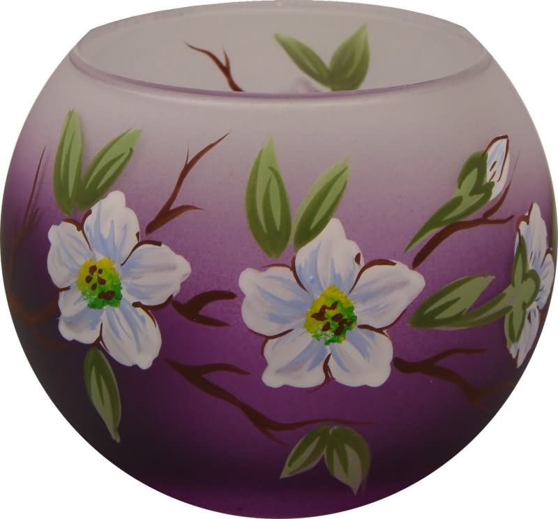 Svečnik steklen, okrogel, veja jablane, lila bel, 8 cm