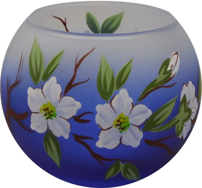 Svečnik steklen, okrogel, veja jablane, modro bel, 8 cm