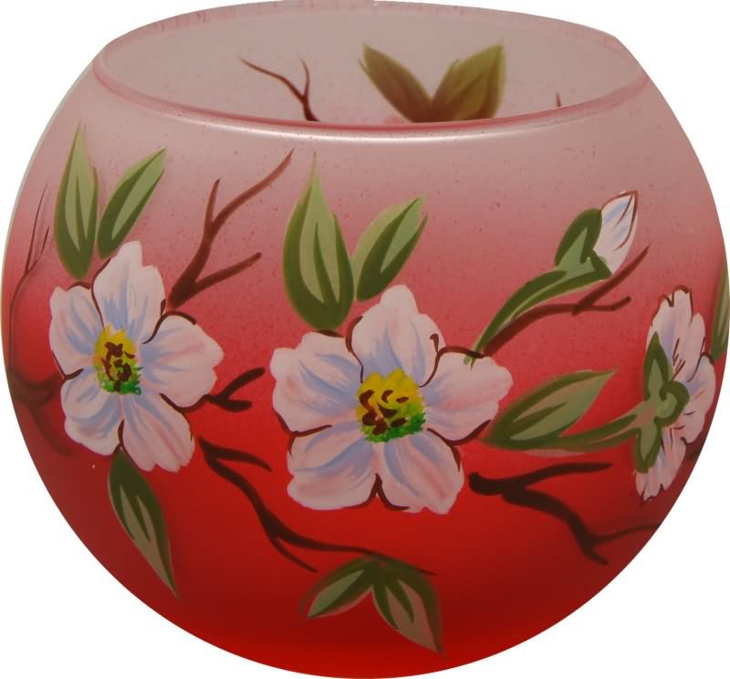 Svečnik steklen, okrogel, veja jablane, rdeče bel, 8 cm