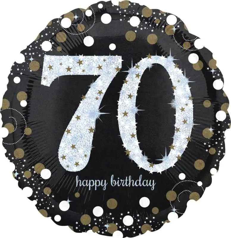 Balon napihljiv, za helij, Happy Birthday, "70", belo/zlate pikice, 45cm