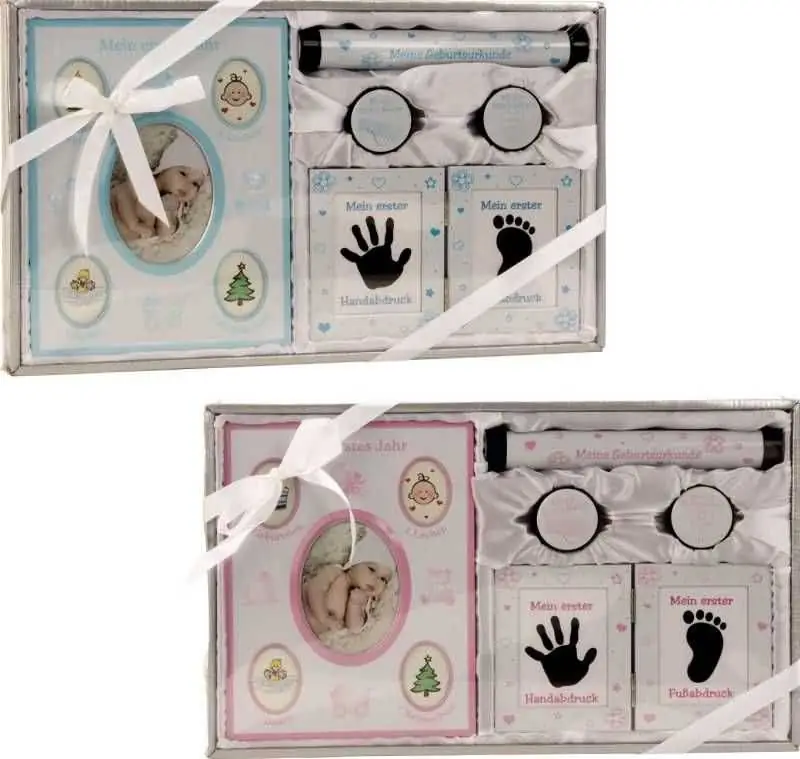 Darilni set za rojstvo otroka, (okvir za slike in odtise rok, nog, škatlici za prvi zob in lase, škatlica za rojstni list)