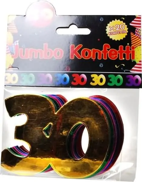 Jumbo konfeti, 20kom, "30", barvni, 7cm