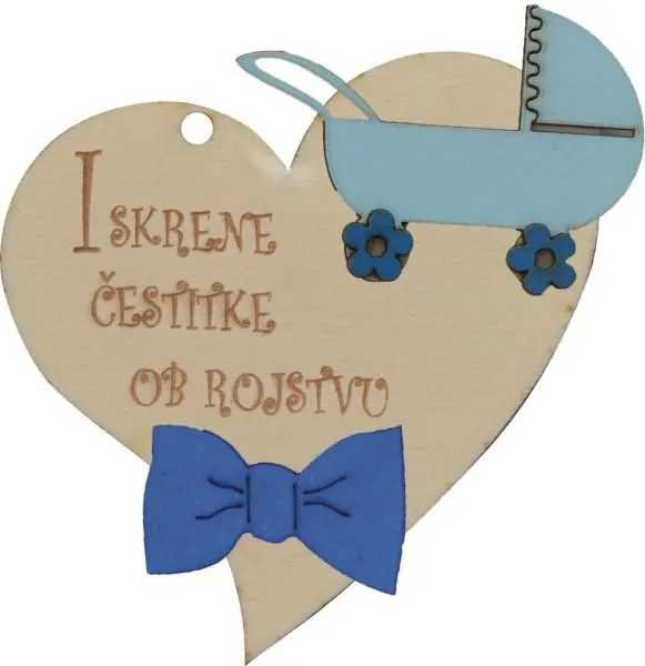 Srček lesen, "Iskrene čestitke ob rojstvu" z modrim vozičkom, 8x8cm