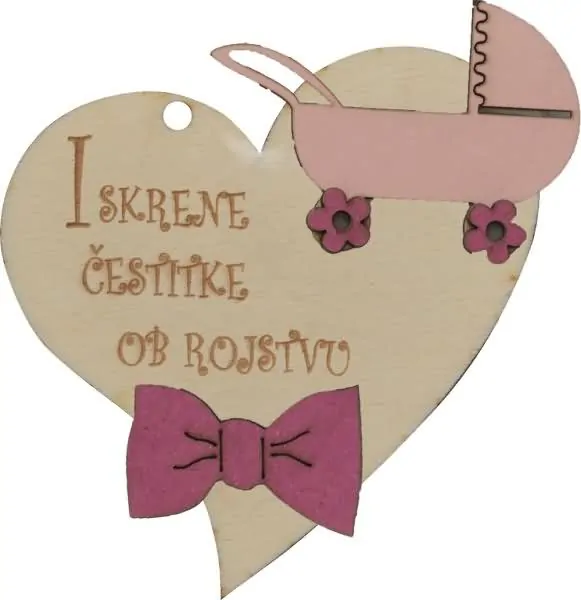 Srček lesen, "Iskrene čestitke ob rojstvu" z roza vozičkom, 8x8cm