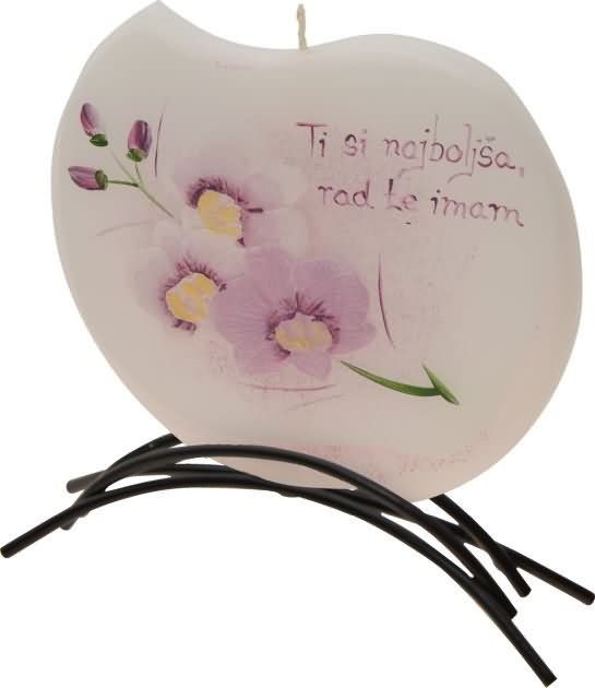 Sveča dišeča na stojalu, val orion lila - orhideja, ...rad te imam, 3D, v darilni embalaži, 14.5x13cm