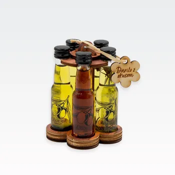 Stojalo leseno z olivnim oljem z različnimi okusi (sivka, česen, rožmarin, čili, petršil), 11cm