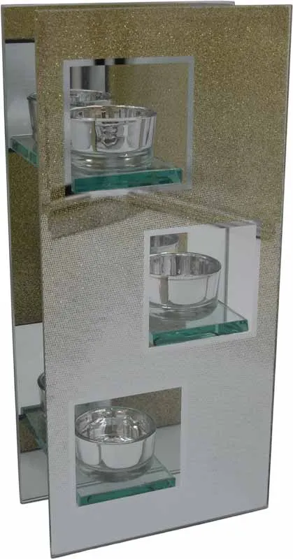 Svečnik steklen za 3 čajne lučke, z zlatimi bleščicami, 13.6x6.3x28cm