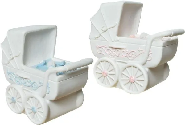 Hranilnik otroški voziček iz polimase, 12x12 cm, roza ali moder