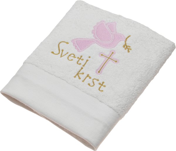 Brisača za krst bela, vezenje roza ptica, zlat napis 100x5Ocm 100% bombaž