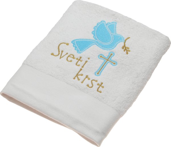 Brisača za krst bela, vezenje modra ptica, zlat napis 100x5Ocm 100% bombaž