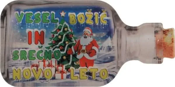 Magnet iz umetne mase, vesel božič in srečno novo leto, oblika steklenice, 10x5 cm