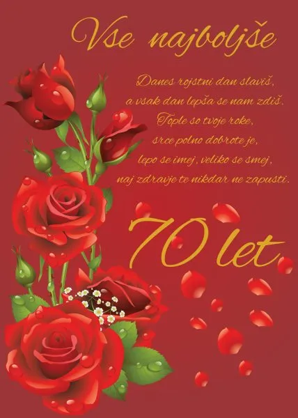 Voščilo, čestitka, bordo, danes rojstni dan slaviš, za 70 let, rdeče vrtnice