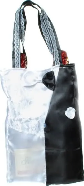 Darilna vrečka za steklenici, iz satena, poročna, črno bela