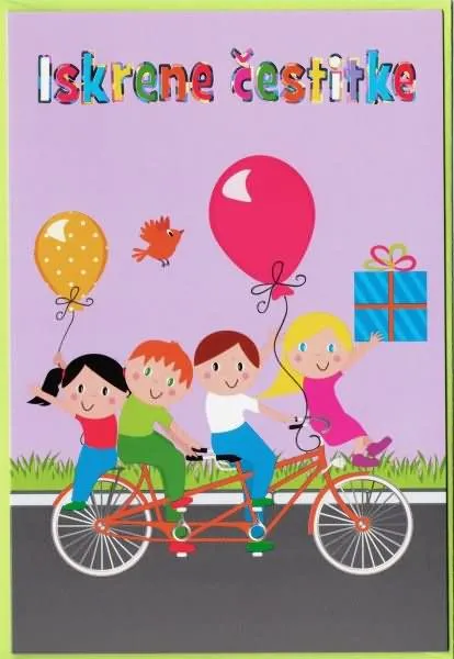 Voščilo, čestitka - otroška, otroci na kolesu, vijolična, Iskrene čestitke