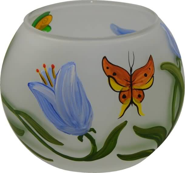 Svečnik steklen, okrogel, cvet in metulji, 8 cm