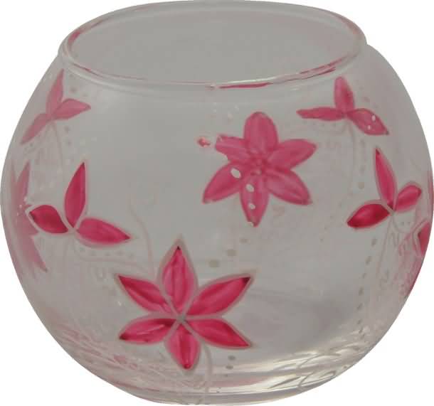 Svečnik steklen, okrogel, roza cvetovi, 8 cm