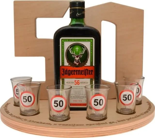 Stojalo za Jagermeister 0,7l in 6 kozarcev za 50 let