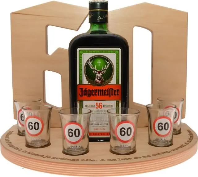 Stojalo za Jagermeister 0,7l in 6 kozarcev za 60 let