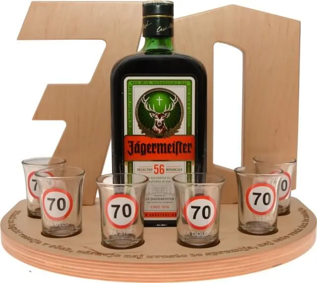 Stojalo za Jagermeister 0,7l in 6 kozarcev za 70 let