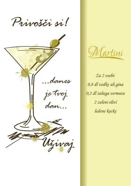 Voščilo, čestitka - Privošči si!, limeta, recept, Martini, bleščice/zlatotisk