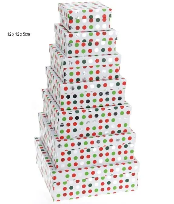 Darilna škatla, kvadratna, bela z zeleno-rdečimi pikicami, 12x12x5cm