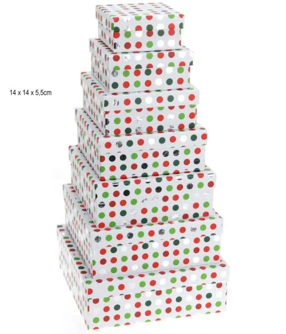 Darilna škatla, kvadratna, bela z zeleno-rdečimi pikicami, 14x14x5.5cm
