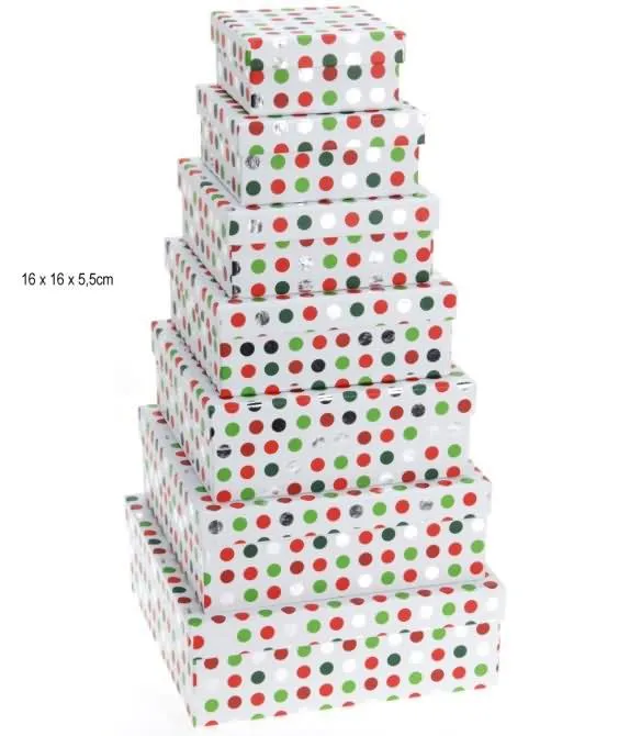 Darilna škatla, kvadratna, bela z zeleno-rdečimi pikicami, 16x16x5.5cm