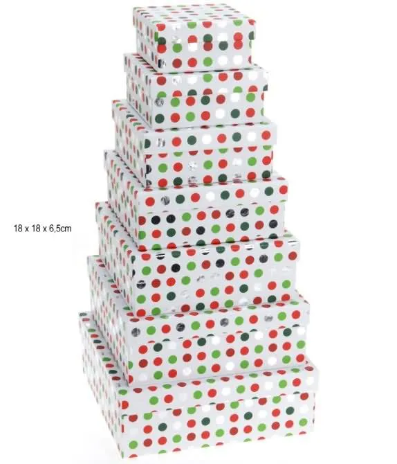 Darilna škatla, kvadratna, bela z zeleno-rdečimi pikicami, 18x18x6.5cm