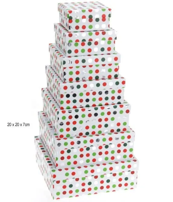 Darilna škatla, kvadratna, bela z zeleno-rdečimi pikicami, 20x20x7cm