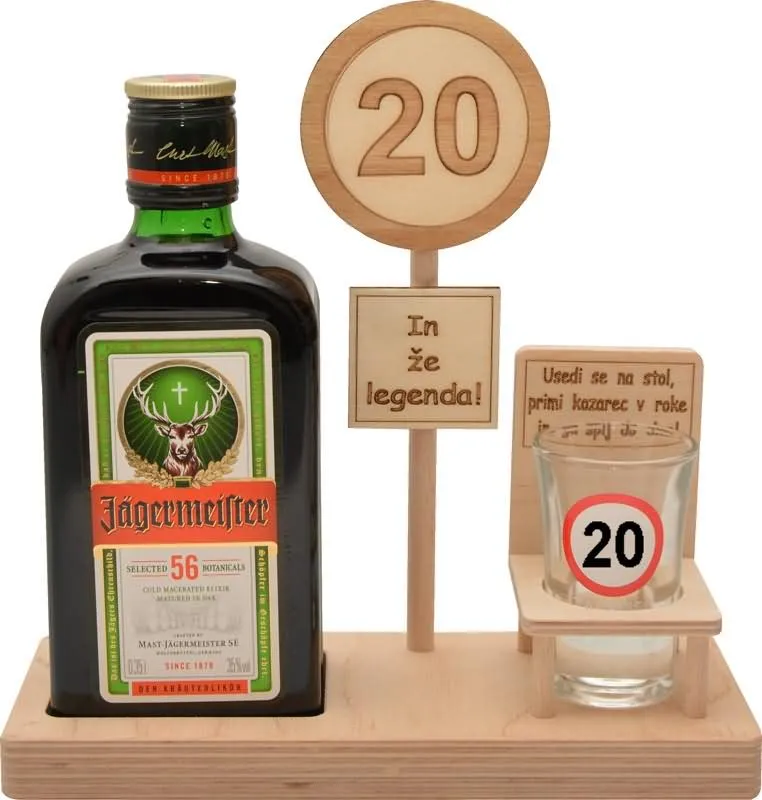 Leseno stojalo za Jagermaister 0.35l s kozarčkom s prometnim znakom 20