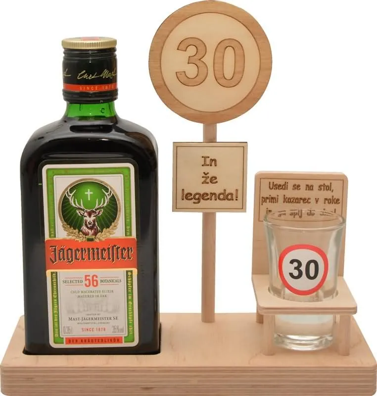 Leseno stojalo za Jagermaister 0.35l s kozarčkom s prometnim znakom 30