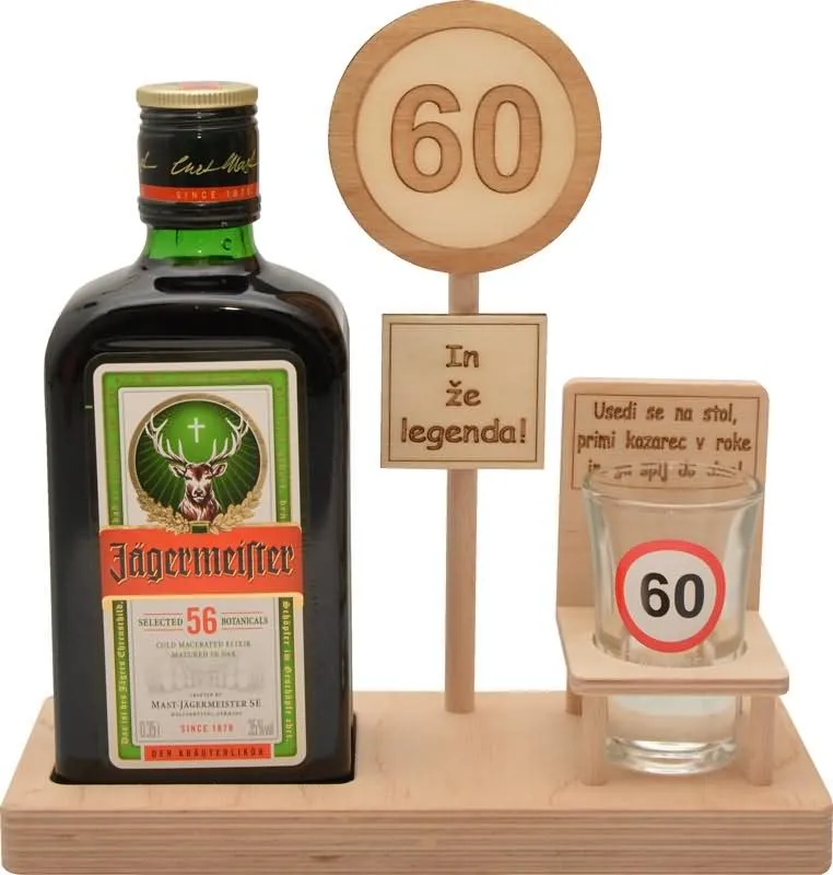 Leseno stojalo za Jagermaister 0.35l s kozarčkom s prometnim znakom 60