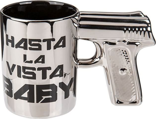 Lonček z napisom "Hasta la Vista Baby" z ročajem v obliki pištole, 10.5cm, sort.