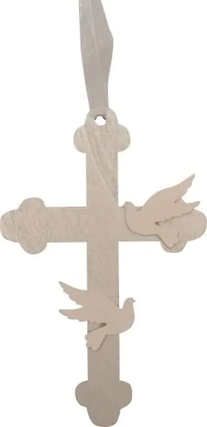 Križ z golobčkom, srebrn, lesen, za obesit, 16cm
