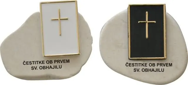 Kamenček s Svetim pismom/kelihom, 3-4cm, "Čestitke ob prvem Sv. Obhajilu, za nalepit, sort.