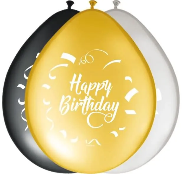 Baloni barvni, 8kom, Happy Birthday, zlati, srebrni, črni, iz lateksa , 30cm