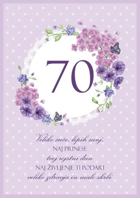 Voščilnica, rojstni dan, ženska, Veliko sreče, lepih sanj, 70, vijolična, cvetje, bleščice
