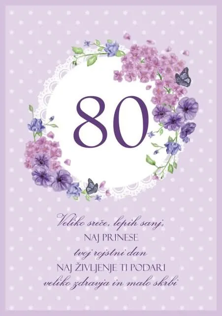 Voščilo, čestitka - vijolična, cvetja, Veliko sreče, lepih sanj, 80