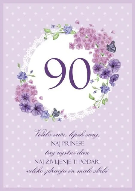 Voščilo, čestitka - vijolična, cvetja, Veliko sreče, lepih sanj, 90