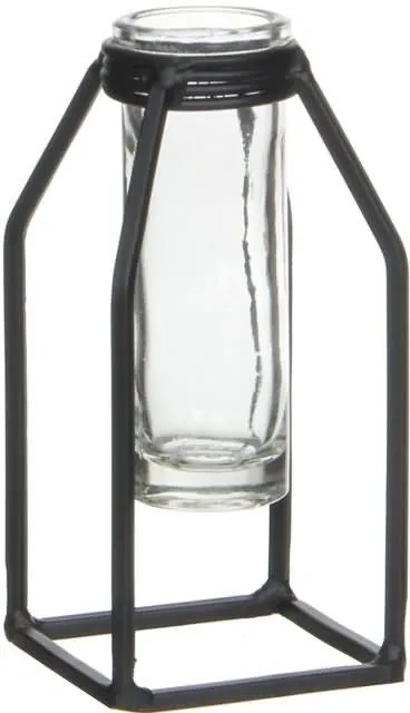 Vaza steklena, epruvetka v kovinskem ohišju, 13.5cm