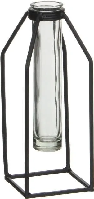 Vaza steklena, epruvetka v kovinskem ohišju, 20.5cm