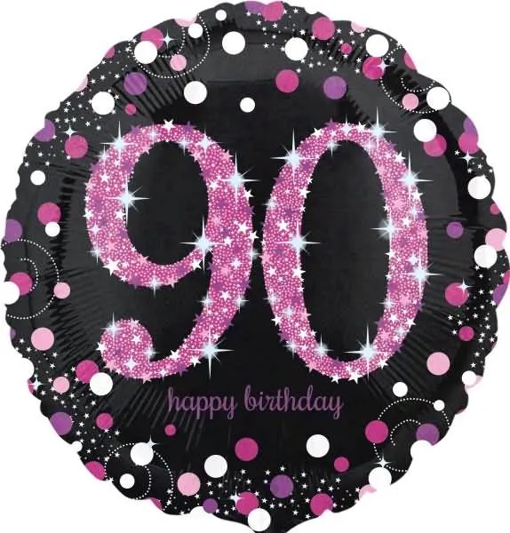 Balon napihljiv, za helij, Happy Birthday, "90", belo/roza pikice, 45cm