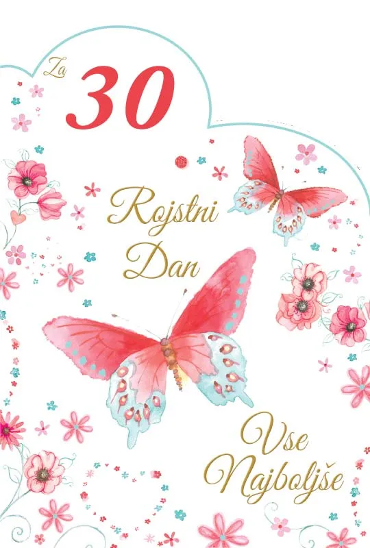 Voščilnica velika, rojstni dan, ženska,  Za 30. rojstni dan vse najboljše, metulji, rdeča, bleščice