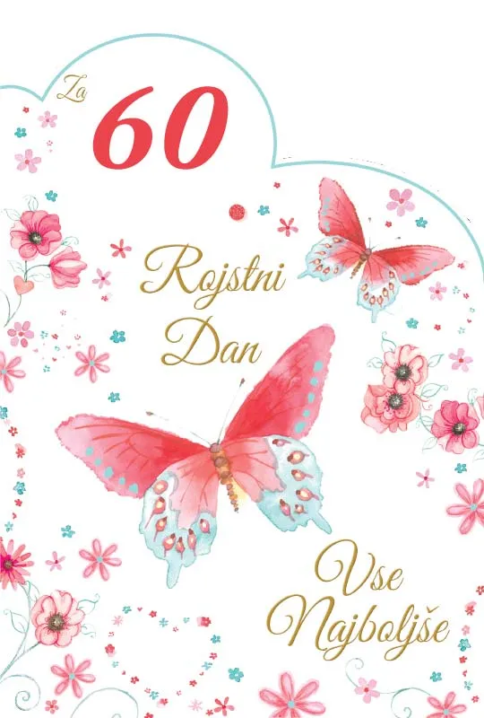 Voščilnica velika, rojstni dan, ženska,  Za 60. rojstni dan vse najboljše, metulji, rdeča, bleščice