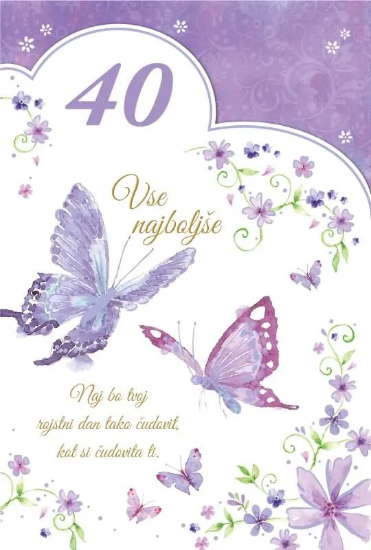 Voščilnica velika, rojstni dan, ženska, Vse najboljše za 40. rojstni dan, vijolična, bleščice